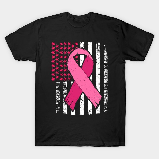 Support Breast Cancer Awareness American Flag Ribbon Product T-Shirt by Linco